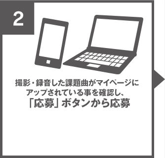 撮影・録音した課題曲がマイページにアップされている事を確認し、「応募」ボタンから応募